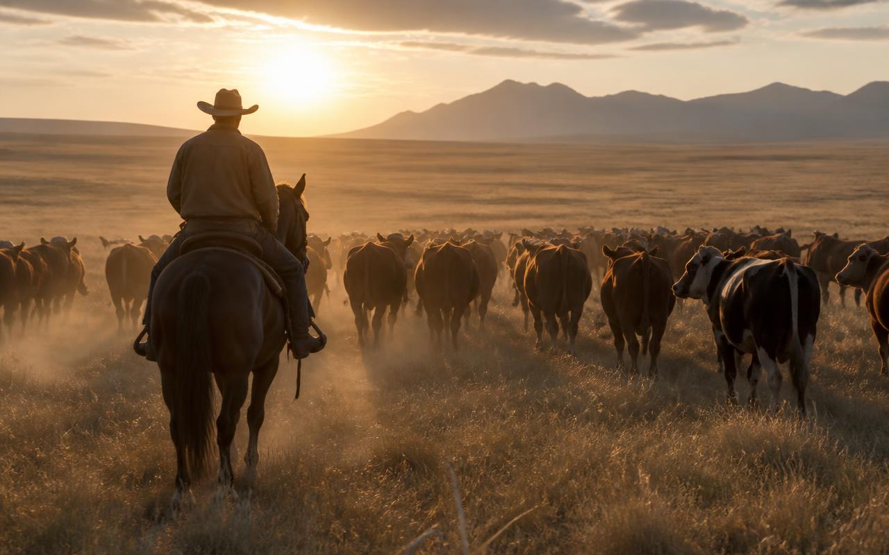 Rancher on horseback moving cattle at sunrise